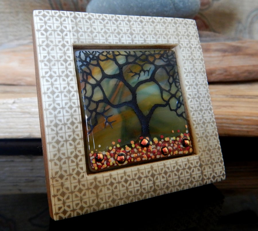 Handmade Fused Glass 'Autumn Winter Tree' framed picture.