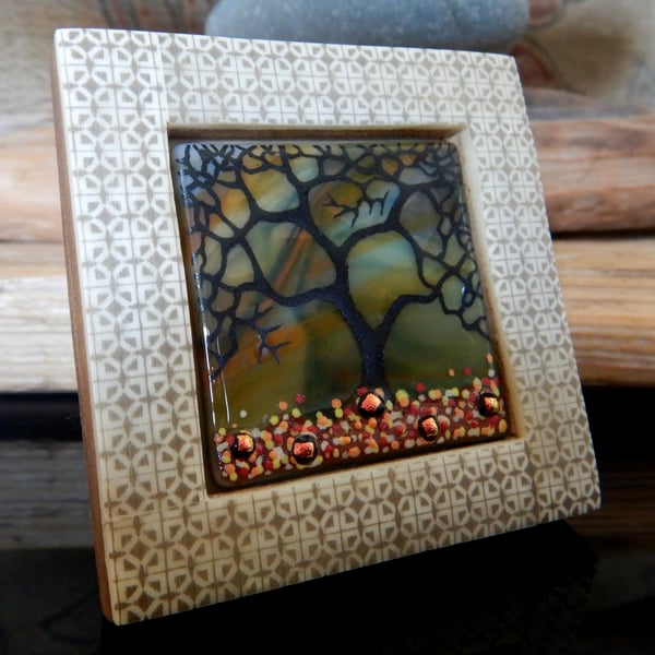 Handmade Fused Glass 'Autumn Winter Tree' framed picture.