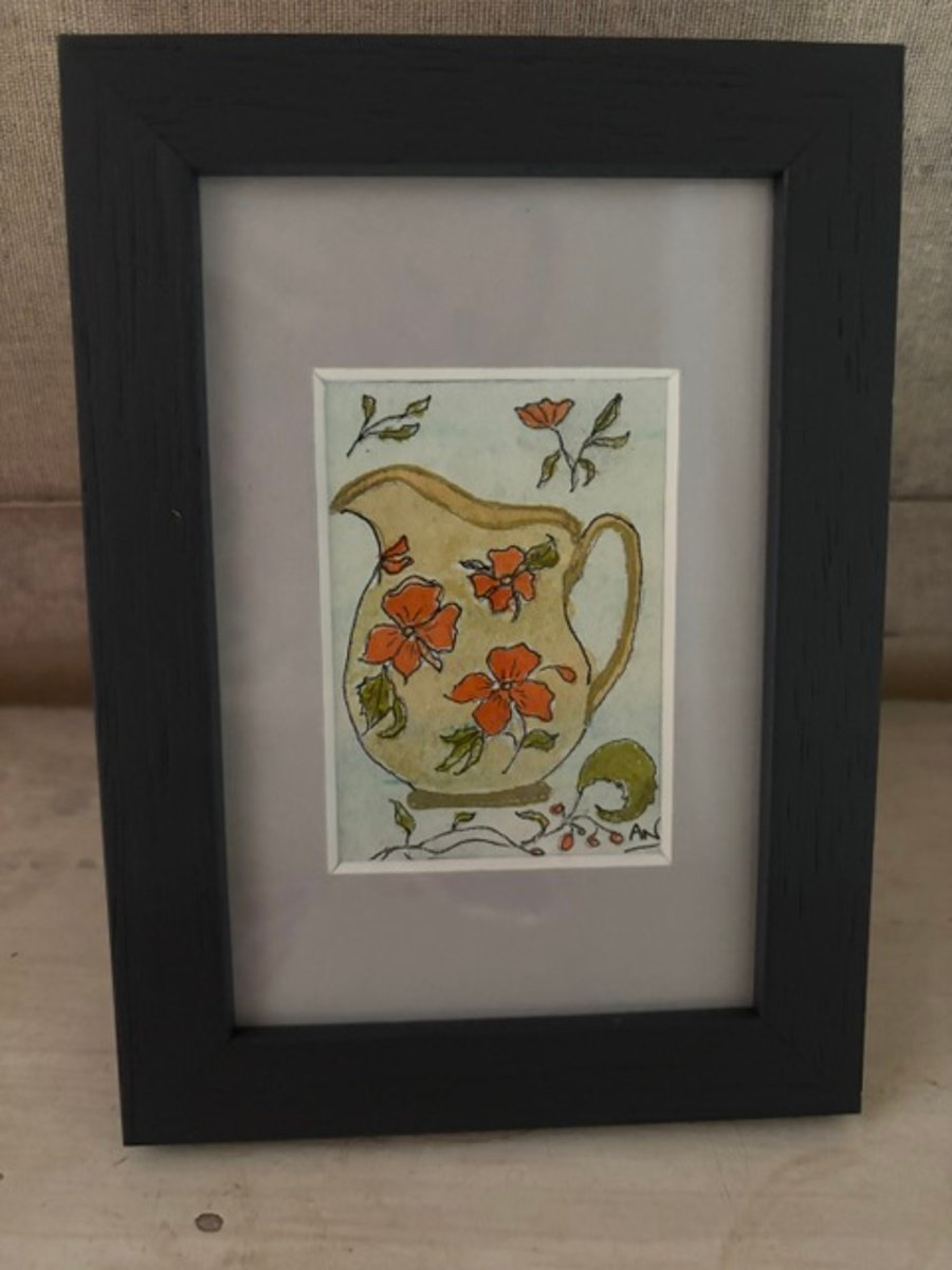 ACEO Framed Original Art Floral Milk Jug