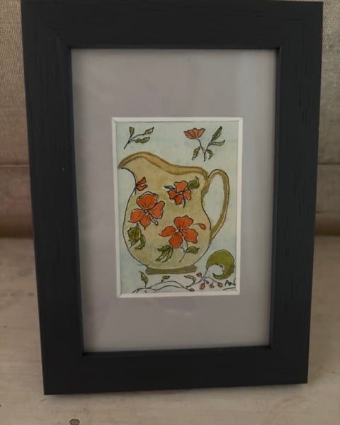 ACEO Framed Original Art Floral Milk Jug