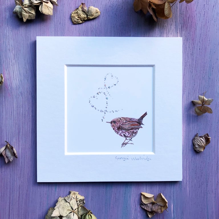 'Wren Love' 5" x 5" Mounted Print