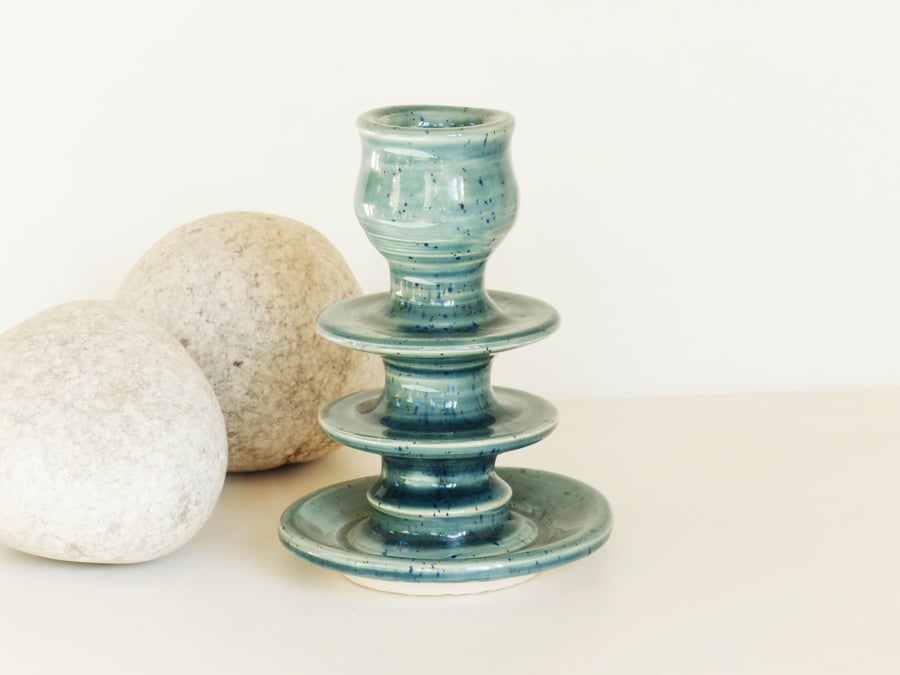  Speckled Teal Candlestick - Pottery Wheelthrown Ceramic