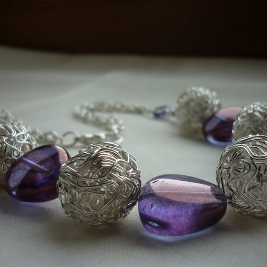 PURPLE IRIS AND SILVER WIREBALL NECKLACE.  261