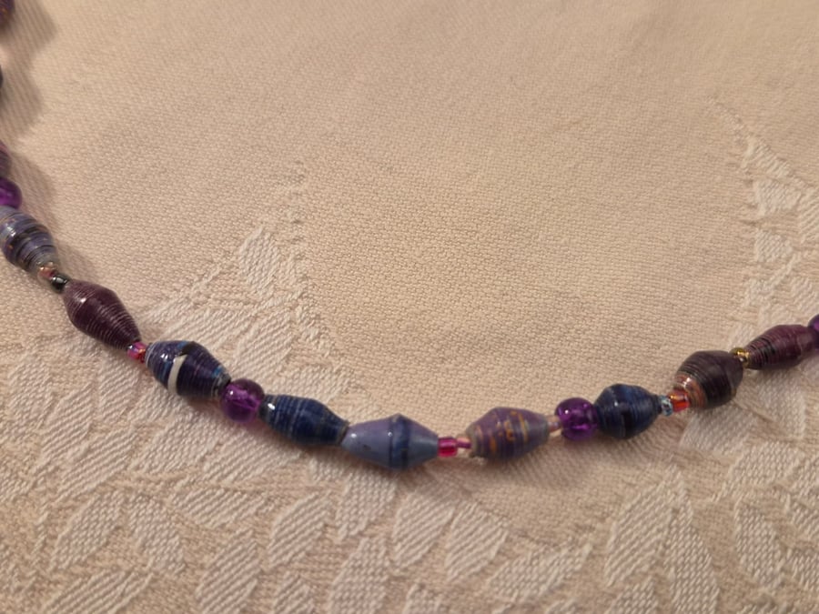 Purple paper and glass beaded necklace