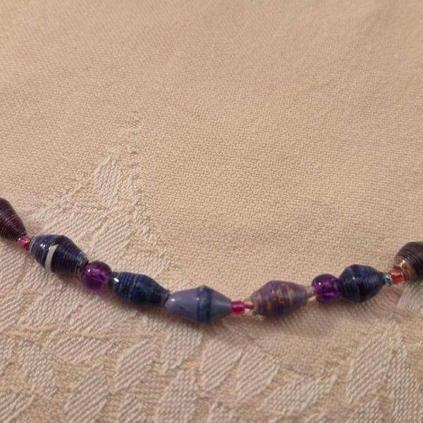 Purple paper and glass beaded necklace