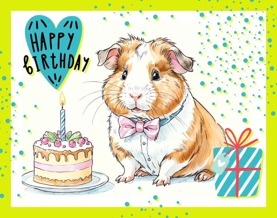 Happy Birthday Guinea Pig With Bow Tie Card A5