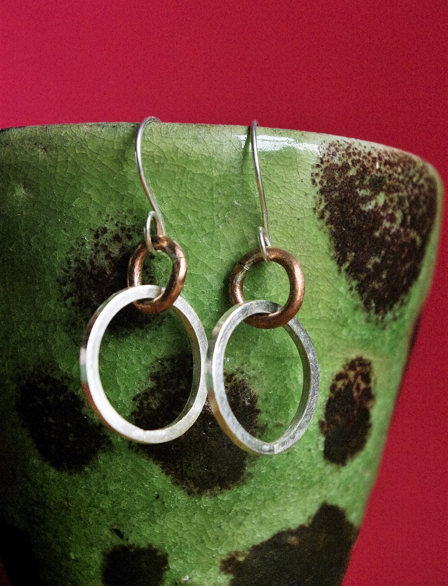  Sterling Silver and Copper Hoop Dangle Earrings
