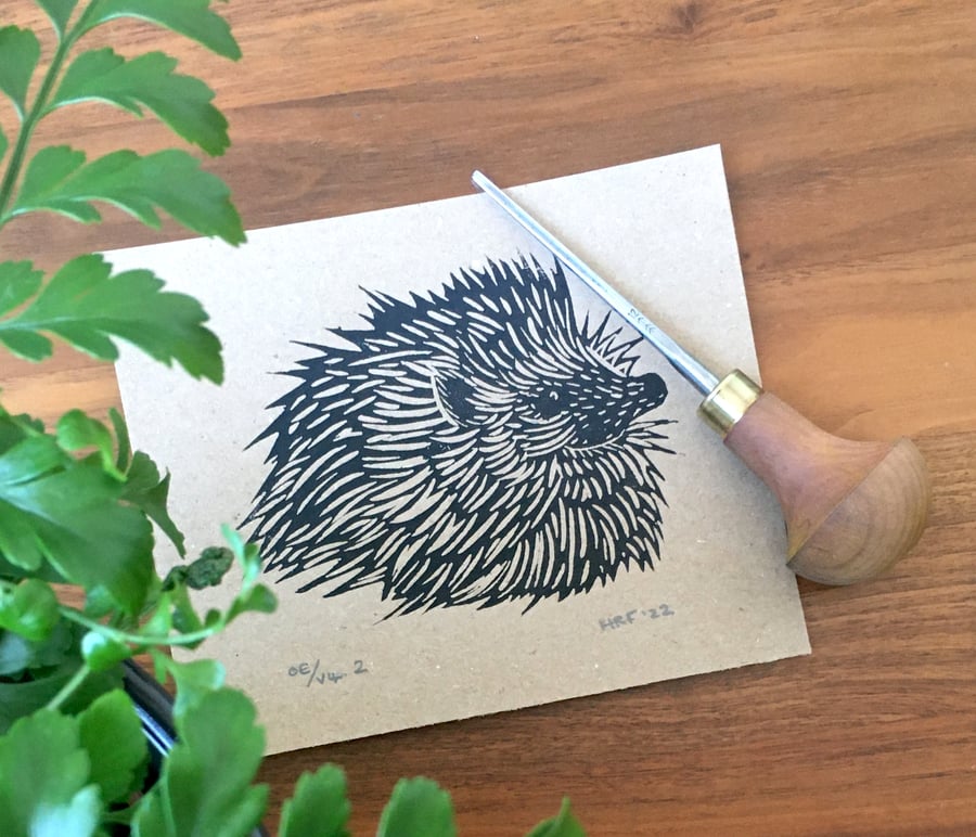 Hedgehog Relief Print, original lino print on brown kraft paper, animal linocut