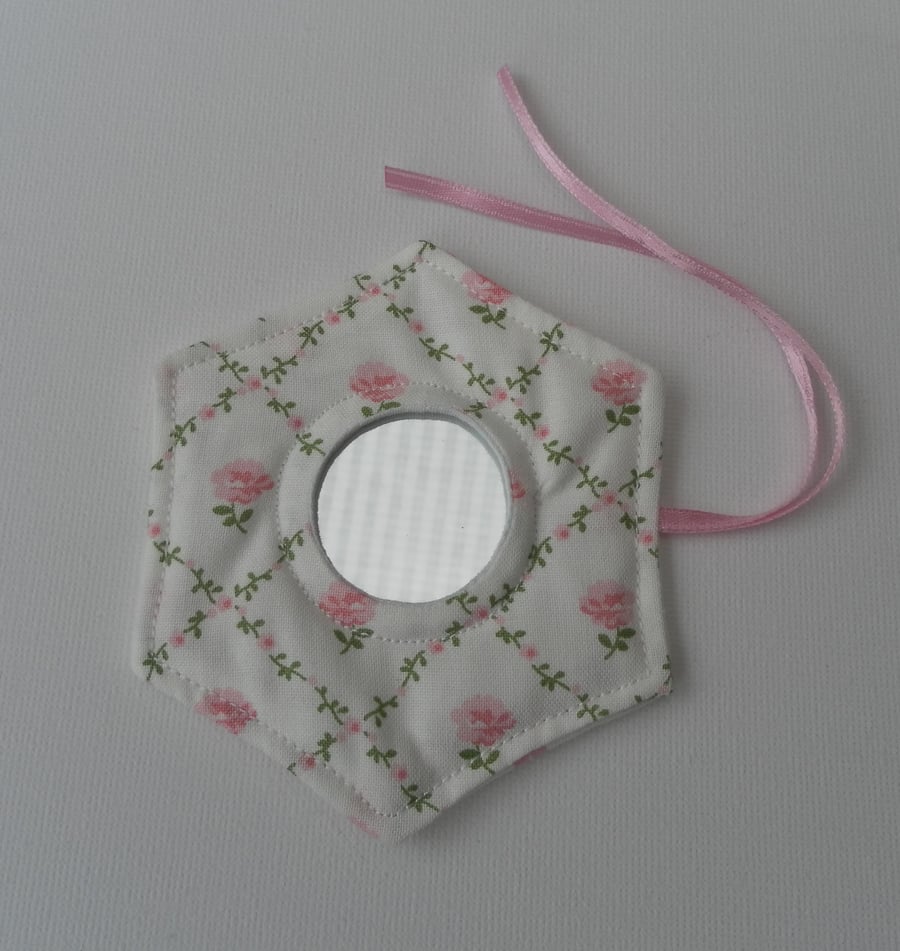 Handbag Mirror, Laura Ashley Fabric, Hexagonal, Pink Roses on Light Cream 