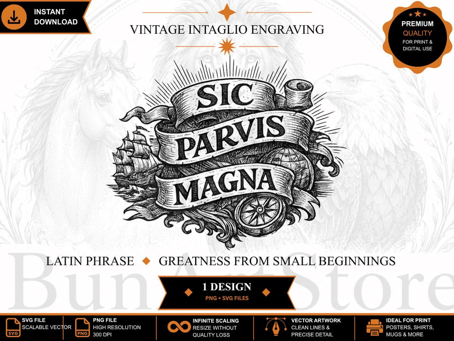 Image of Sic Parvis Magna Latin Quote Engraving Vintage Intaglio Line Art (Digital Downlo