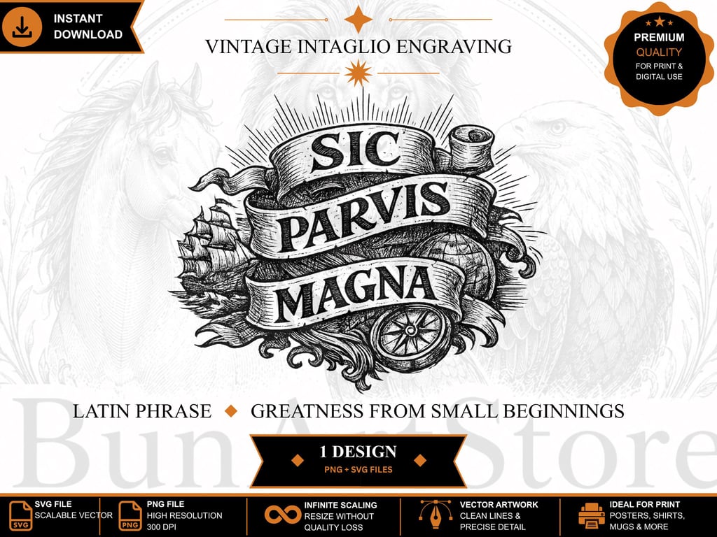 Sic Parvis Magna Latin Quote Engraving Vintage Intaglio Line Art (Digital Downlo