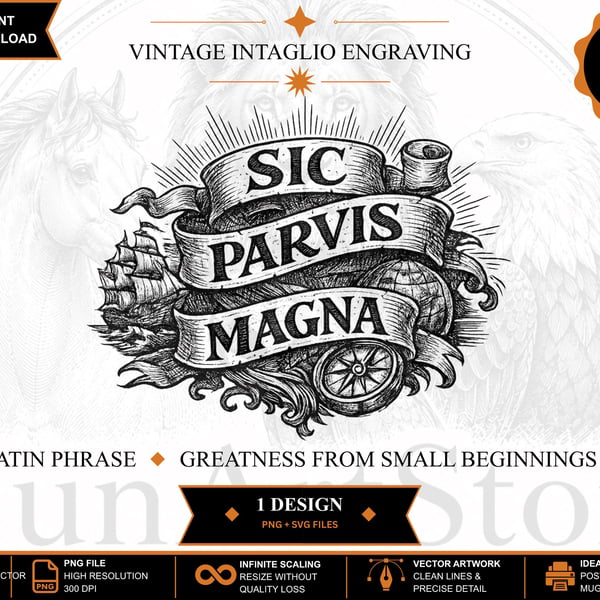 Sic Parvis Magna Latin Quote Engraving Vintage Intaglio Line Art (Digital Downlo