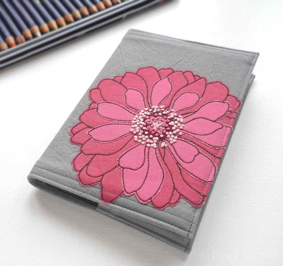 A6 free motion and hand embroidered floral notebook - rose pink