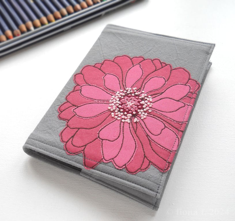 A6 free motion and hand embroidered floral notebook - rose pink