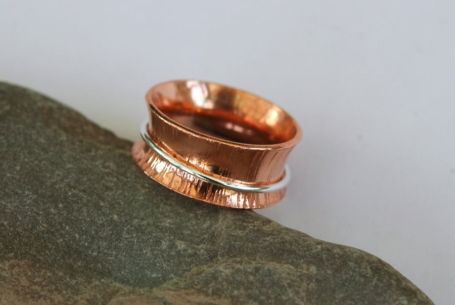 Copper and Sterling Silver Spinner Ring, size L-M