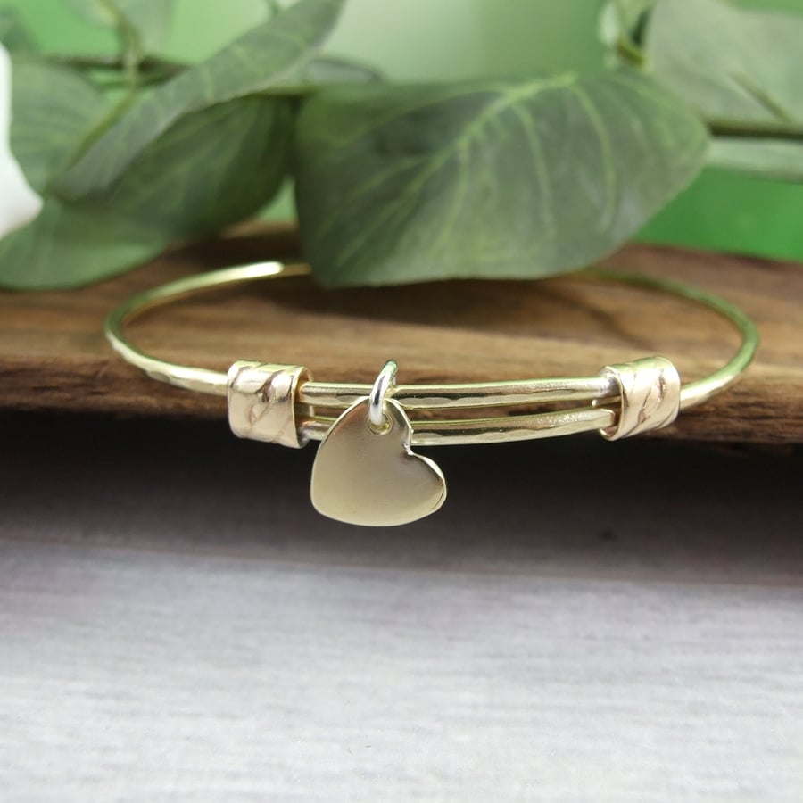 Brass Adjustable Fit Bangle. Heart Charm Bracelet. Ladies Size Small-Large
