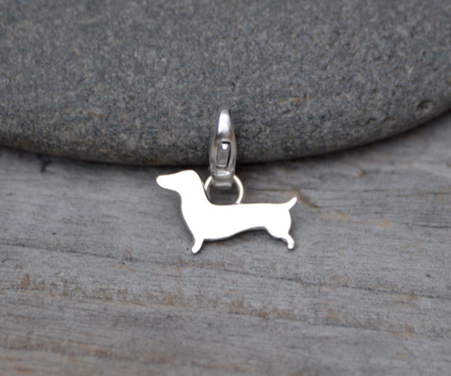 Dachshund Charm For Bracelet In Sterling Silver, Sausage Dog Charm