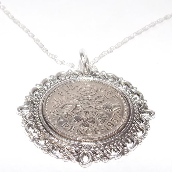 Fancy Pendant 1957 Lucky sixpence 67th Birthday plus a Sterling Silver 20in Chai