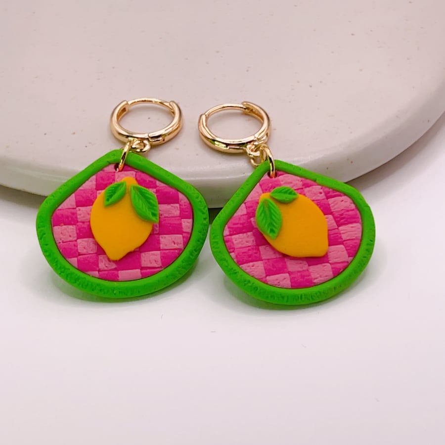 Lemon clay earrings for women, Lemon drop earrings for summer 