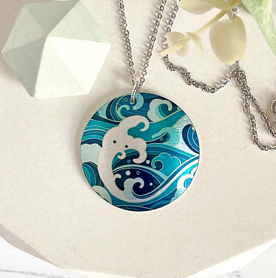 Ocean teal surf necklace, 32mm disc pendant, handmade jewellery. (594)