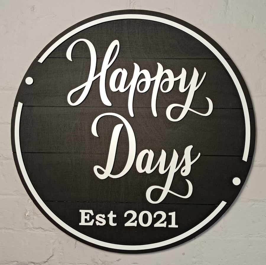 Large round wooden personalised farmhouse white on black sign 