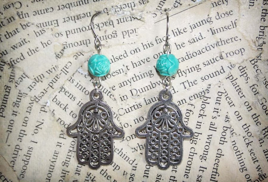 Hamsa Hand of Fatima Silver Tone Charm Earrings