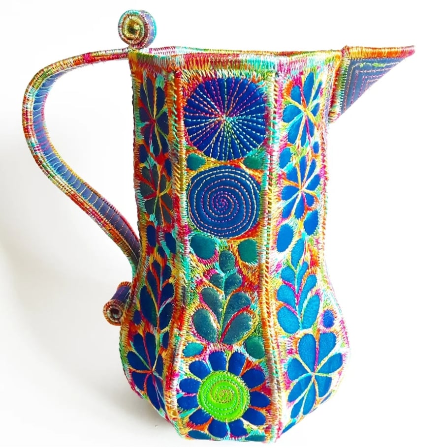 Textile Treasure Jug Free Machine Embroidery Vibrant Colourful Blues and Greens