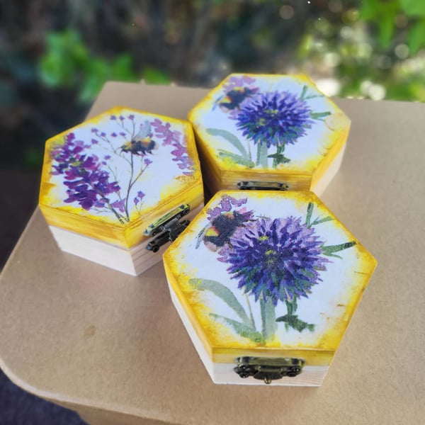 Honey Bee Hexagon Wooden Trinket Box,Lavender Floral Jewellery Storage,small box
