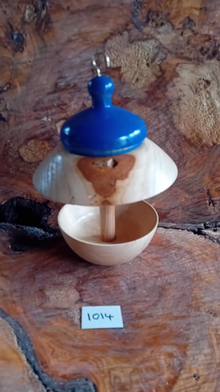 Bird feed with blue top. 