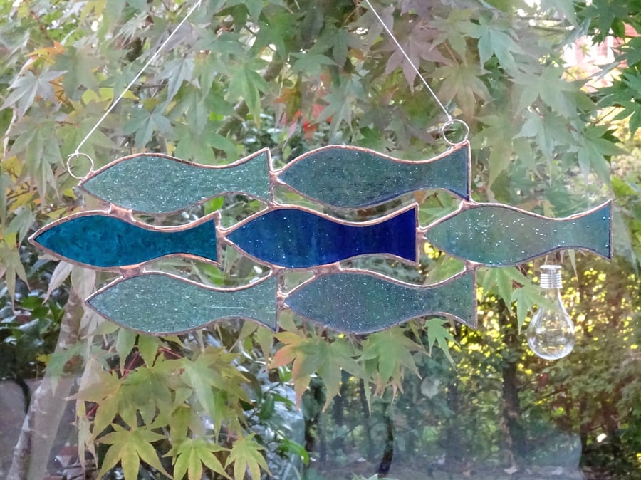 Stained Glass Shoal of 7 Fish Suncatcher - Blue and Turquoise