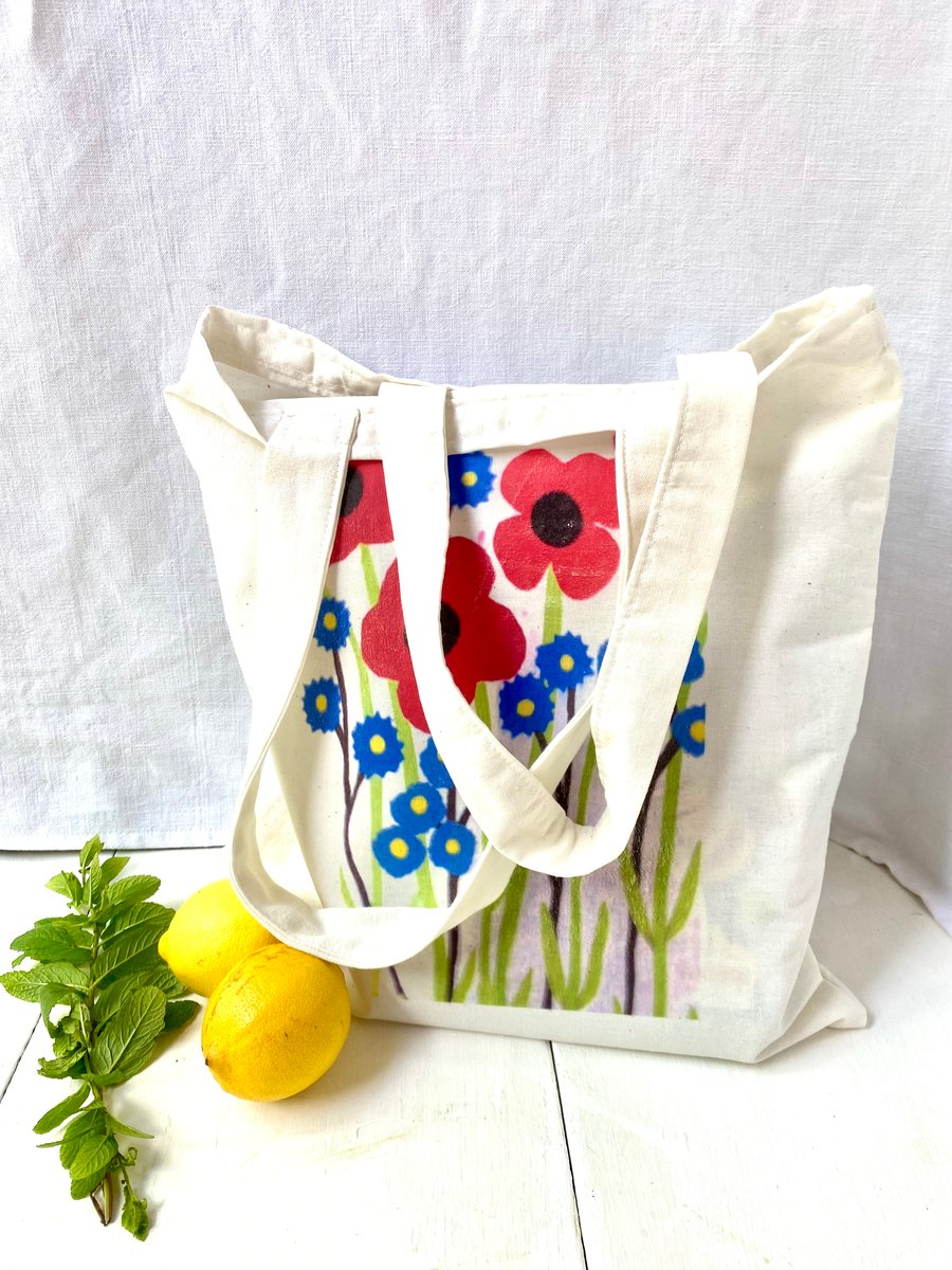 Poppy and Cornflower print Tote bag. Repurposed cotton fabric.