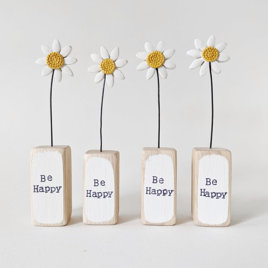 Clay Daisy in a Wood Block 'Be Happy'