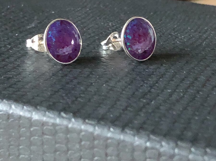 Purple Opal Inlay with Blue Fire Sterling Silver Earrings