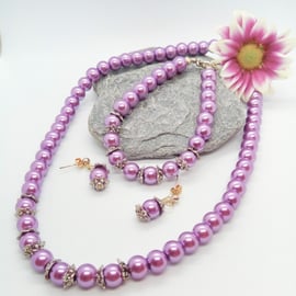 Beautiful Bundle, Mauve Pearl and Silver Bead Cap Jewellery Set, Gift for Her