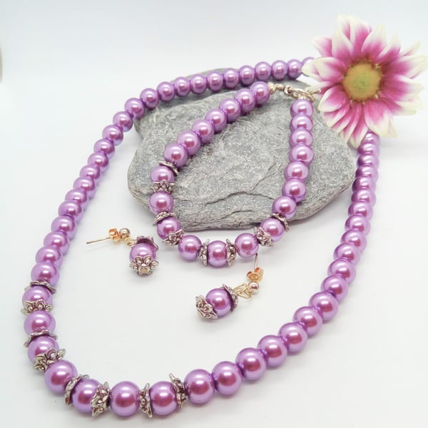 Mauve Pearl and Silver Bead Cap Jewellery Set, Gift for Her, Valentine Gift