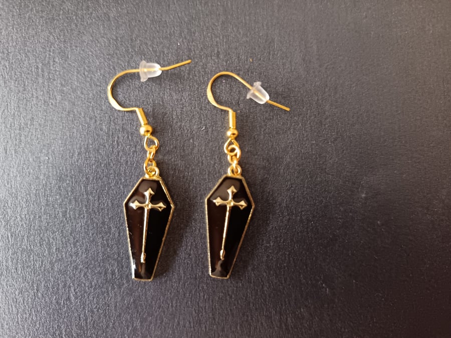 Handmade gold and black coffin and cross earrings 