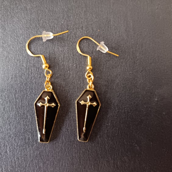 Handmade gold and black coffin and cross earrings 