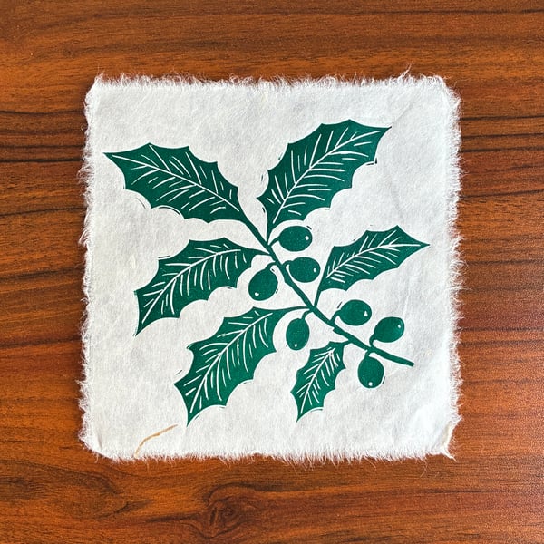 PERFECTLY IMPERFECT Green Holly Branch Original Lino Print