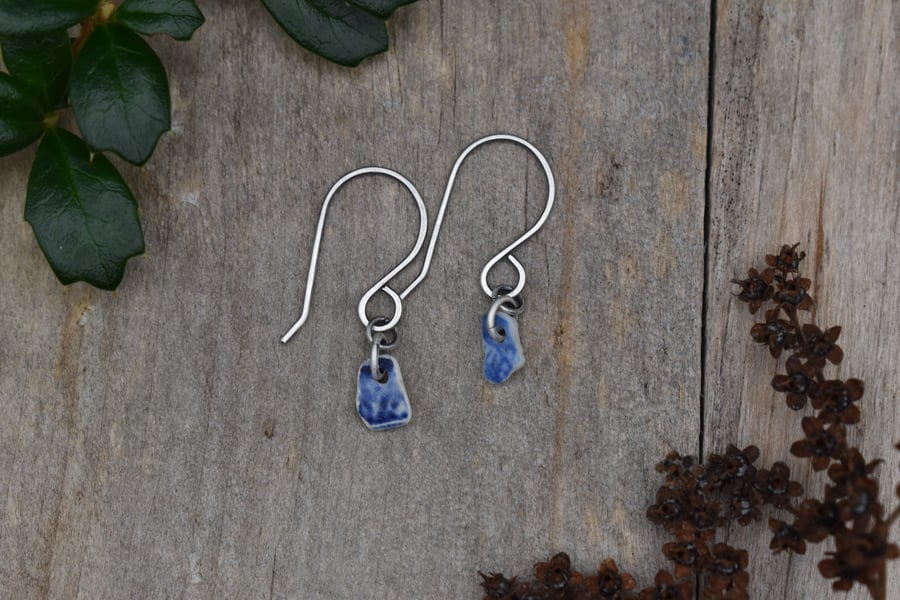Scottish Sea Pottery and Recycled Sterling Silver Earrings, Blue and White
