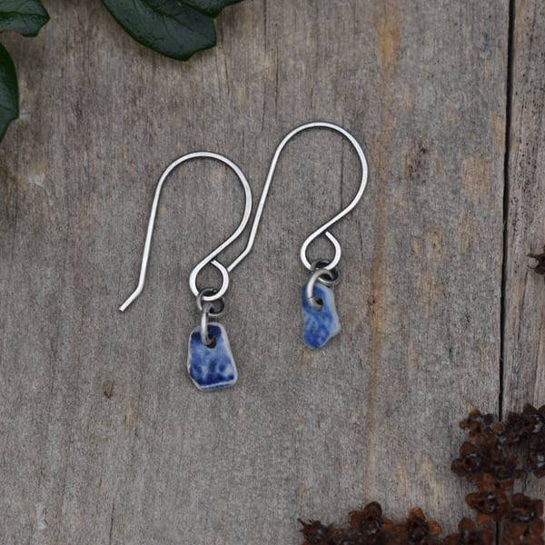 Scottish Sea Pottery and Recycled Sterling Silver Earrings, Blue and White