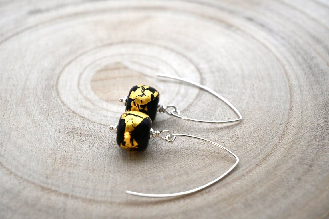 black and gold leaf lampwork glass earrings