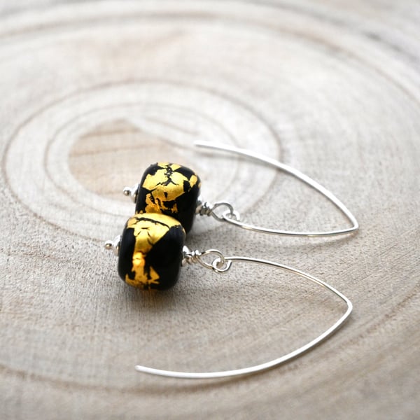 black and gold leaf lampwork glass earrings