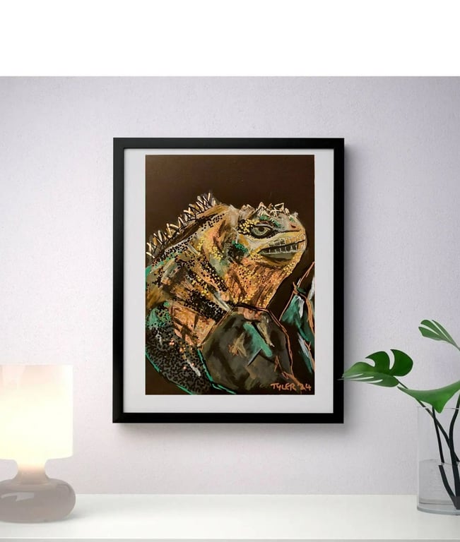 Iggy the Iguana - original abstract acrylic mixed media painting on A4 paper