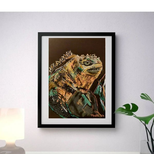 Iggy the Iguana - original abstract acrylic mixed media painting on A4 paper