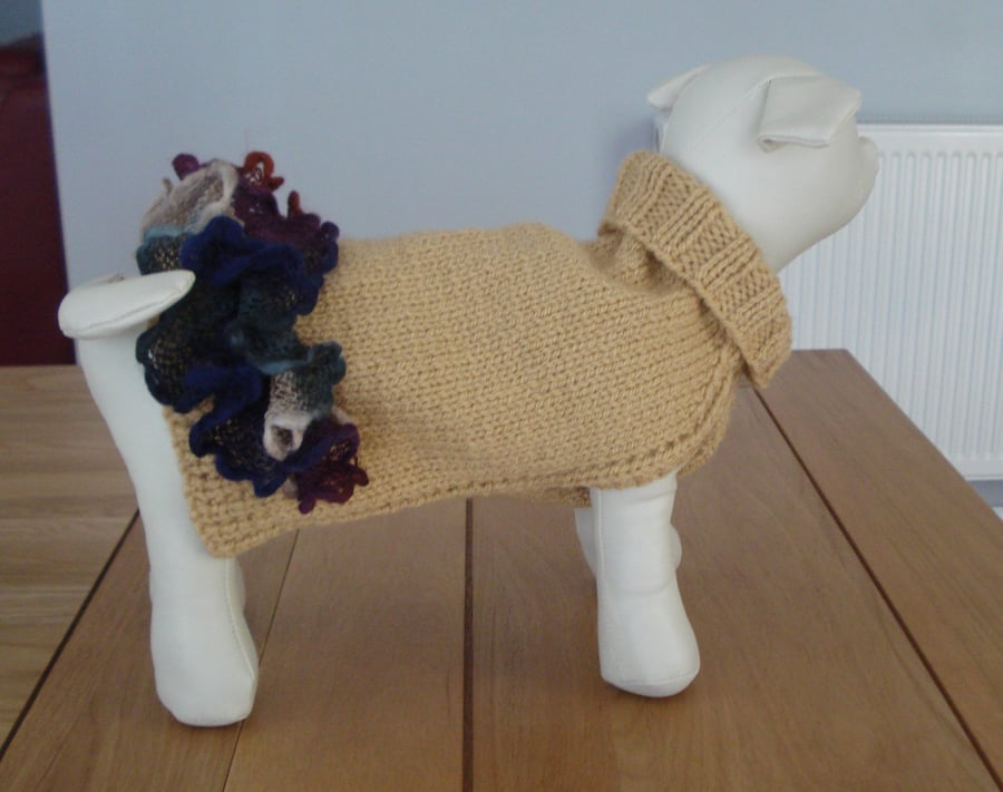 Small Golden Brown Aran Dog Coat Jumper With A Multi Colour Frill (R924)