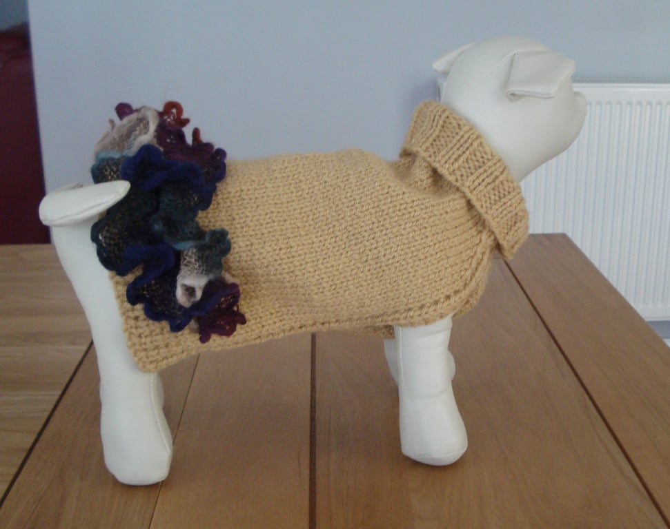 Small Golden Brown Aran Dog Coat Jumper With A Multi Colour Frill (R924)