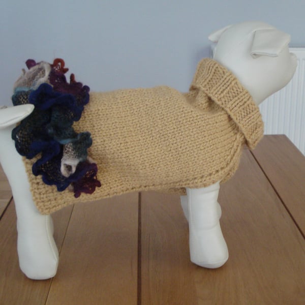 Small Golden Brown Aran Dog Coat Jumper With A Multi Colour Frill (R924)