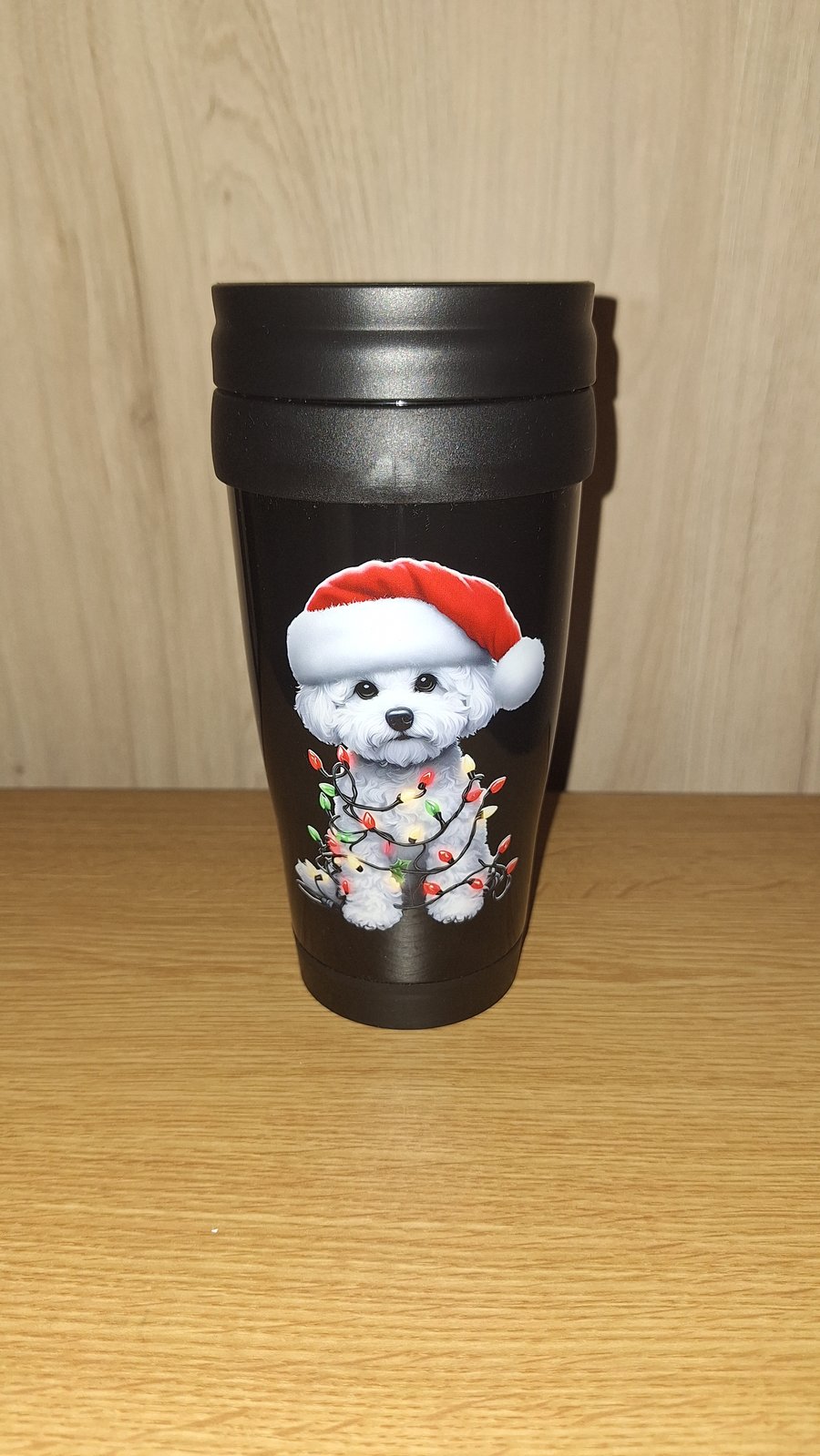 Bichon Frise Cute Christmas Dog Breed Xmas Lights Black Travel Mug
