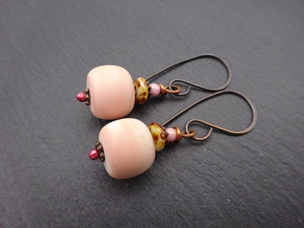 peach lampwork glass earrings, copper jewellery