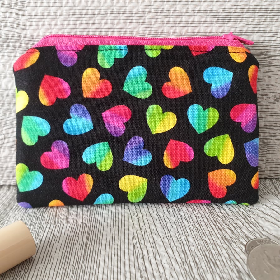 Coin Purse handmade with Large Rainbow Hearts 100% Cotton Fabric outer